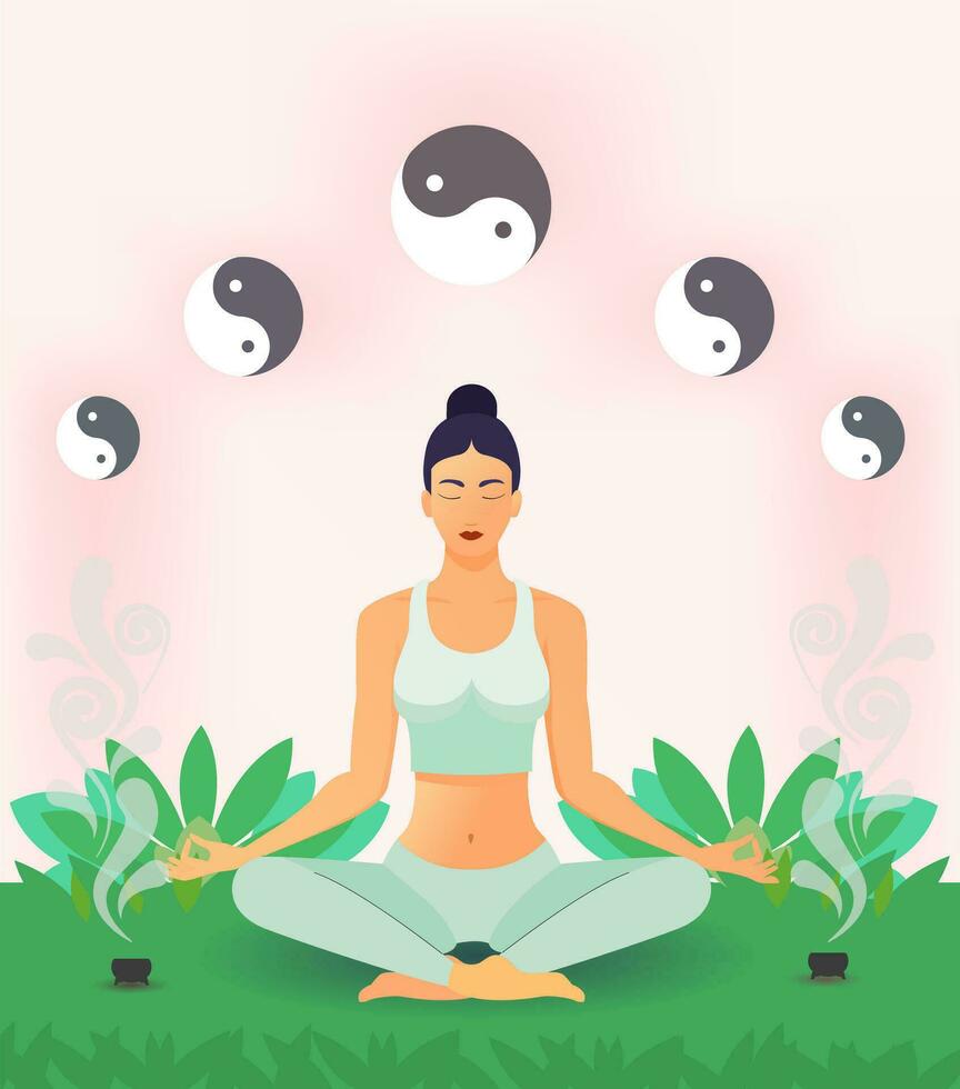 Meditative Woman with yin yang symbol in behind. Tranquility Against the background of Greenery and Incense Smoke. Vector illustration