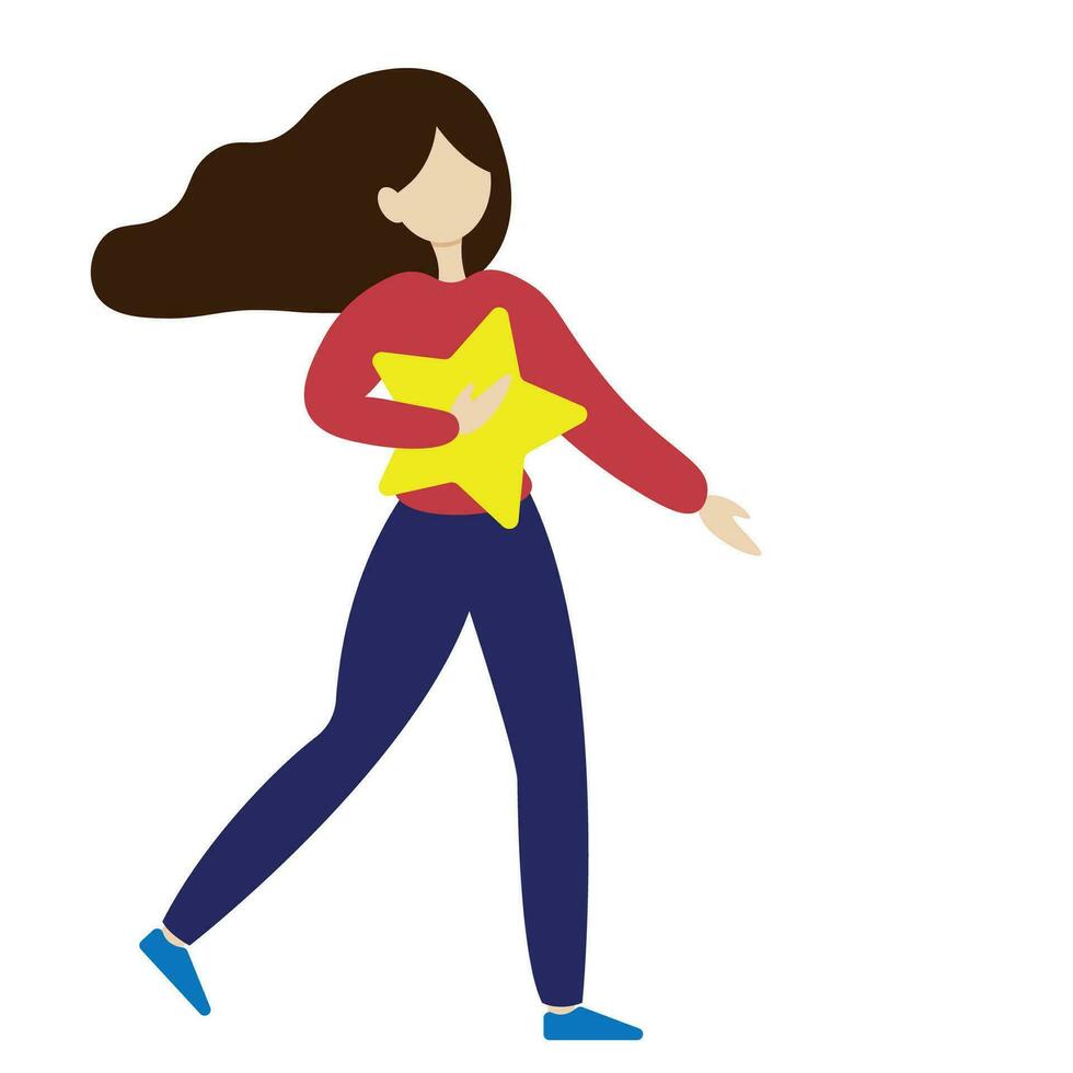 A girl walks with a big star in her hand, isolate on white, flat vector, faceless illustration, in motion, like vector