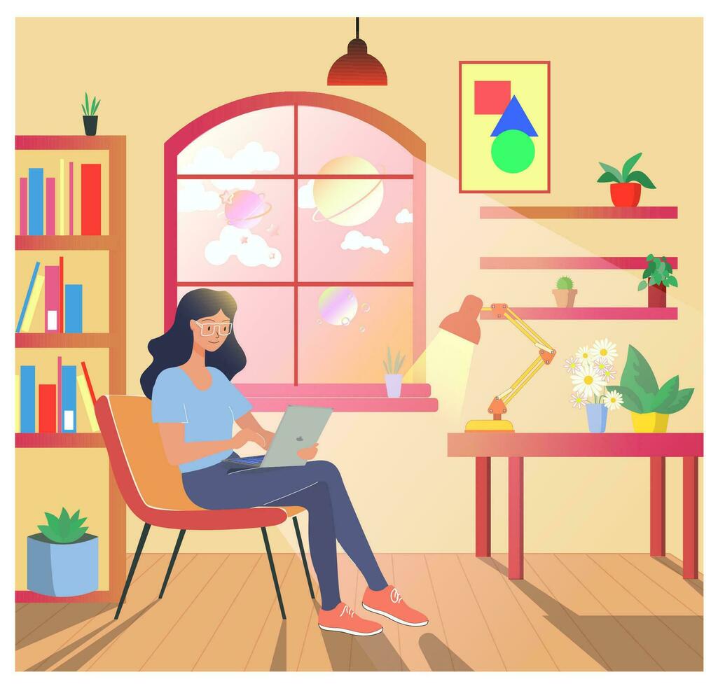 trabajando desde hogar. vector ilustración, joven mujer sentado en Sillón en su Departamento y trabajando en un ordenador portátil a el escritorio. ligero desde el ventana. ordenador personal lámpara libros y flores en habitación. en línea educación