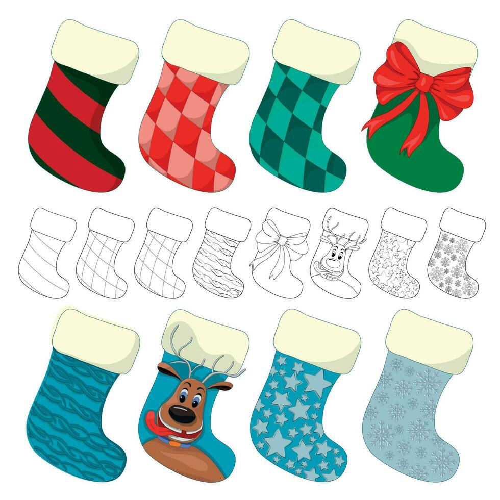 Set, collection of decorative Christmas socks with different designs. Decoration for the fireplace for the New Year holidays. Sock-shaped bags for winter holidays design. vector