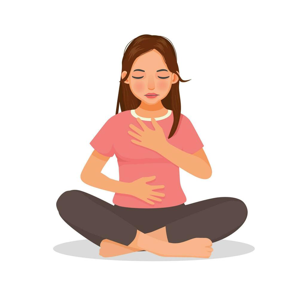 Young woman doing deep breathing exercise during yoga practice vector