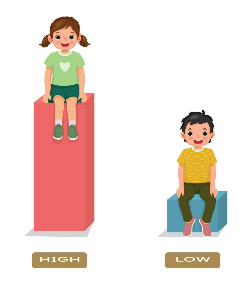 Opposite antonym word high and low illustration of little girl and boy sitting on block vector