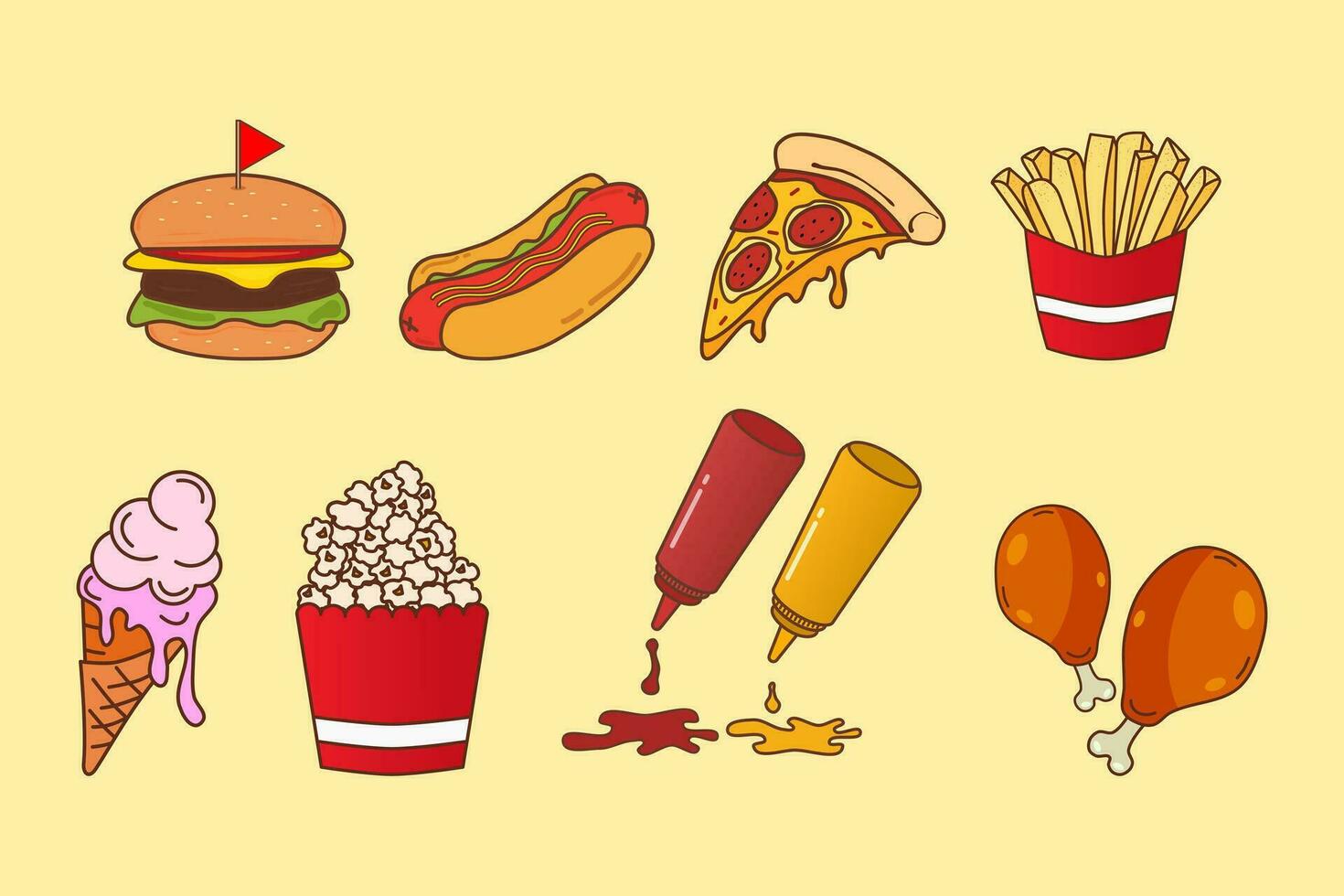 Set vector fast food elements. Pizza slice, burger, french fries,  fried chicken, hot dog, ice cream, popcorn, ketchup and tomato sauce bottle.