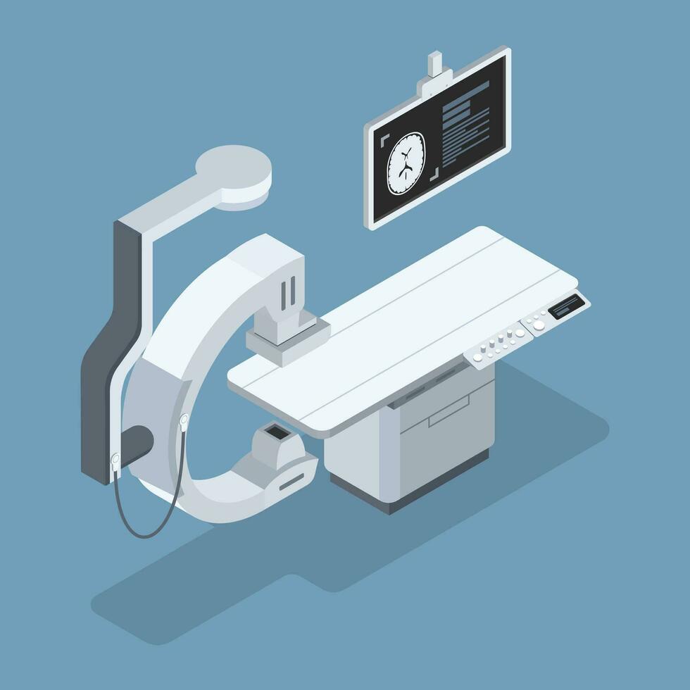 X-ray fluoroscopy for scanning in cath lab department. Isometric vector design.