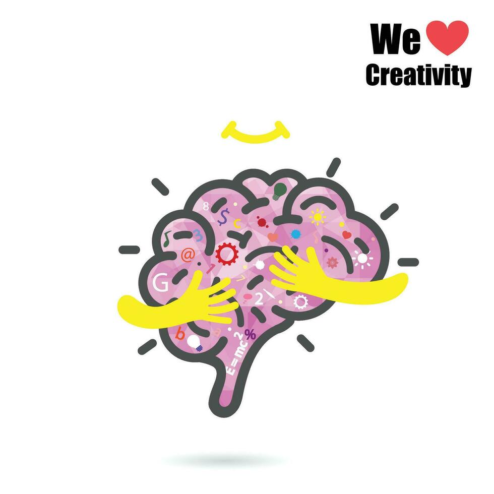 creativo cerebro logo diseño vector modelo con pequeño mano