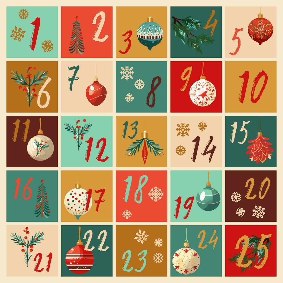 Vector Christmas 25 window advent calendar with tree ornaments and snowflakes.
