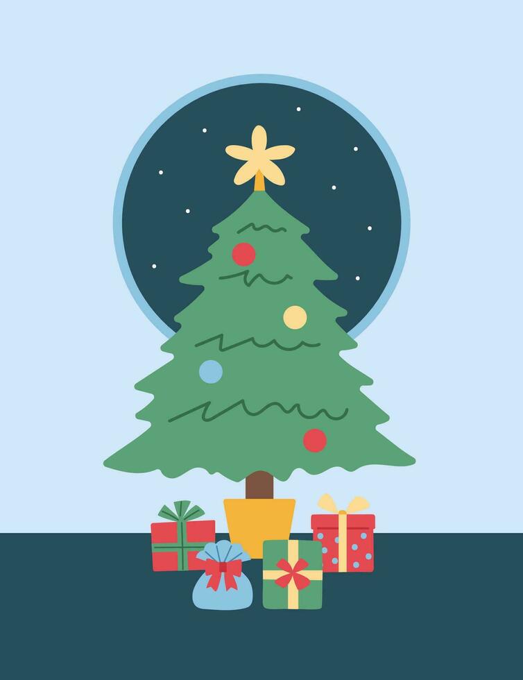christmas gifts under the christmas tree in front of the window vector