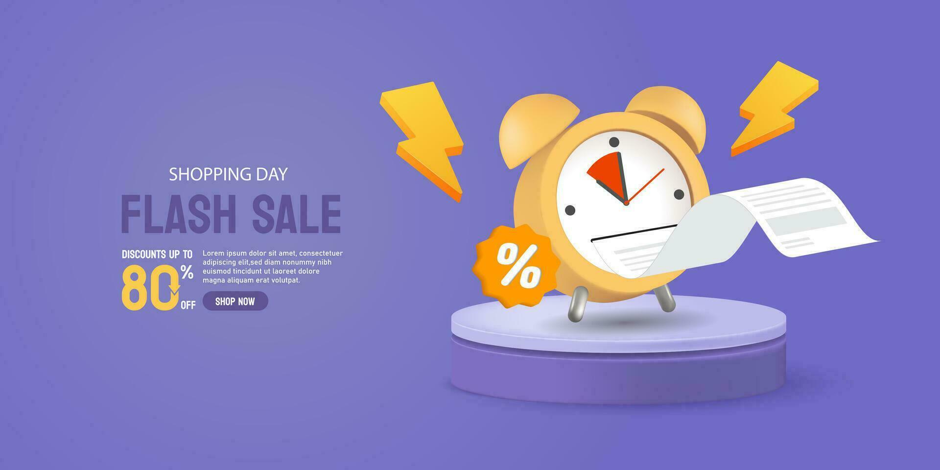 3D alarm clock with Receipt paper and podium, promotions flash sale Shopping banner on purple background. Vector illustration