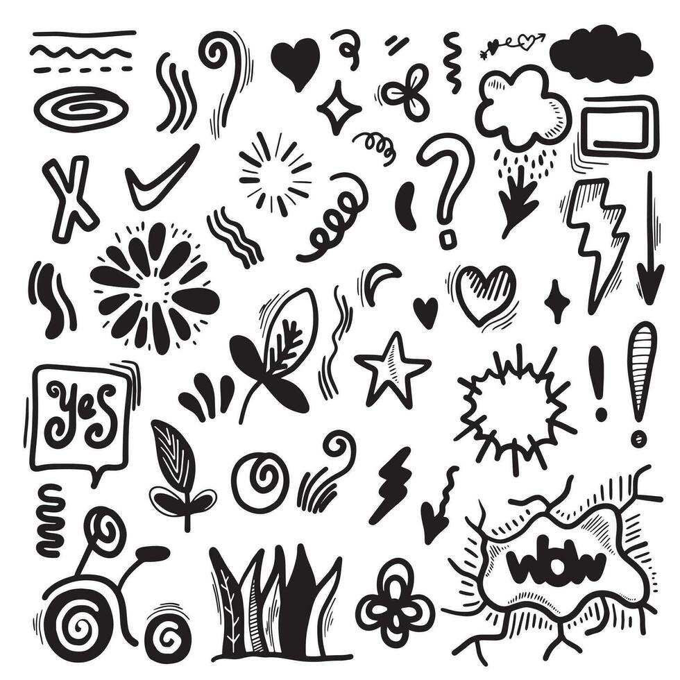 Hand drawn set elements, black on white background. Arrow, heart, love, star, leaf, sun, light, flower, crown, Swishes, swoops, emphasis ,swirl, for concept design. vector