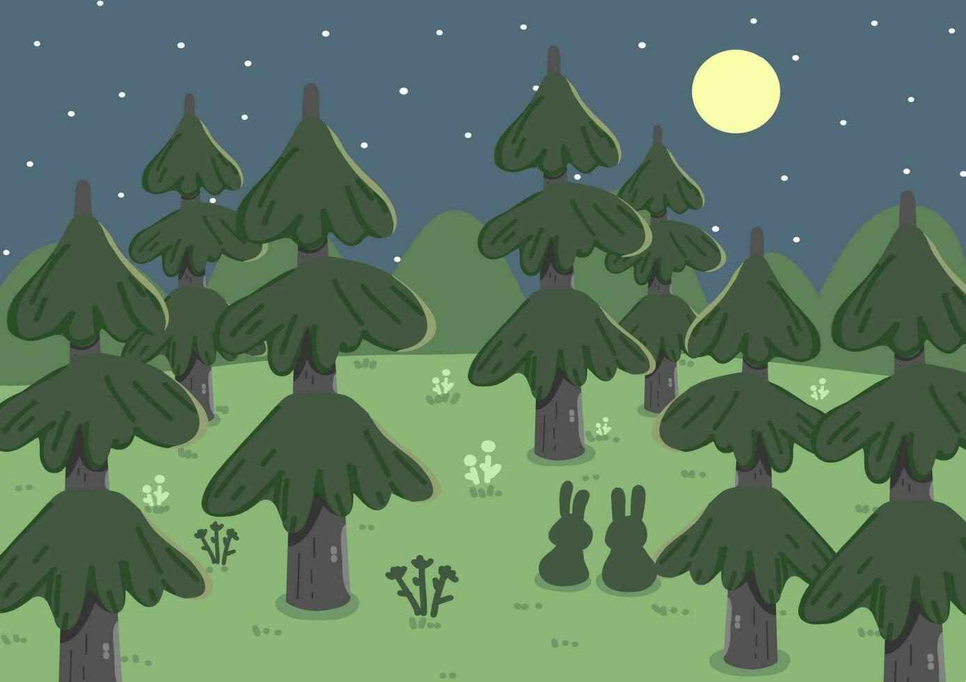 pino bosque, Conejo debajo el luna, naturaleza inspirado, mano dibujar vector ilustración