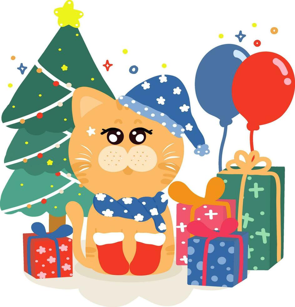 Navidad y nuevo año, linda gato con regalos en Navidad tema, vector ilustración