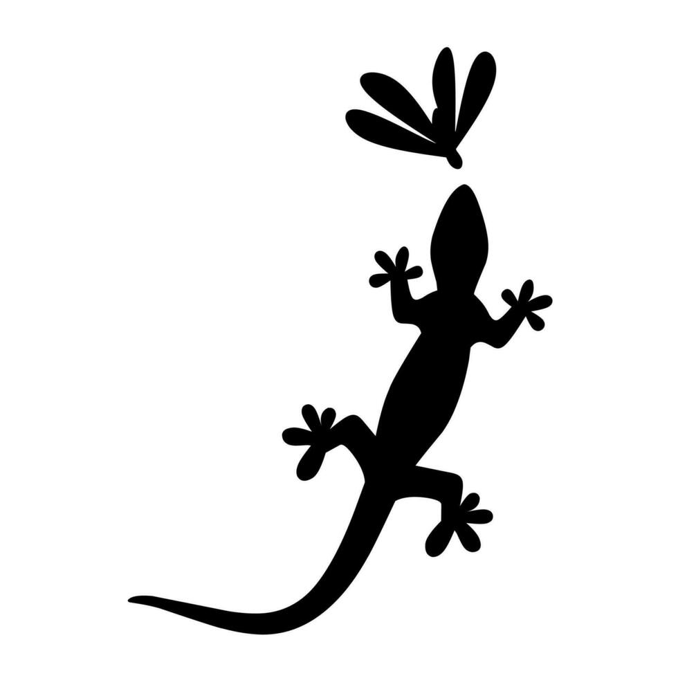 Vector silhouette of a lizard that is going to catch insects. Isolated on white background.