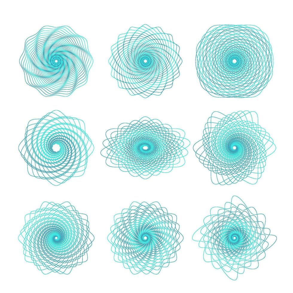 Set of Guilloche decorative rosette elements for watermarks. Vector editable linear illustration.