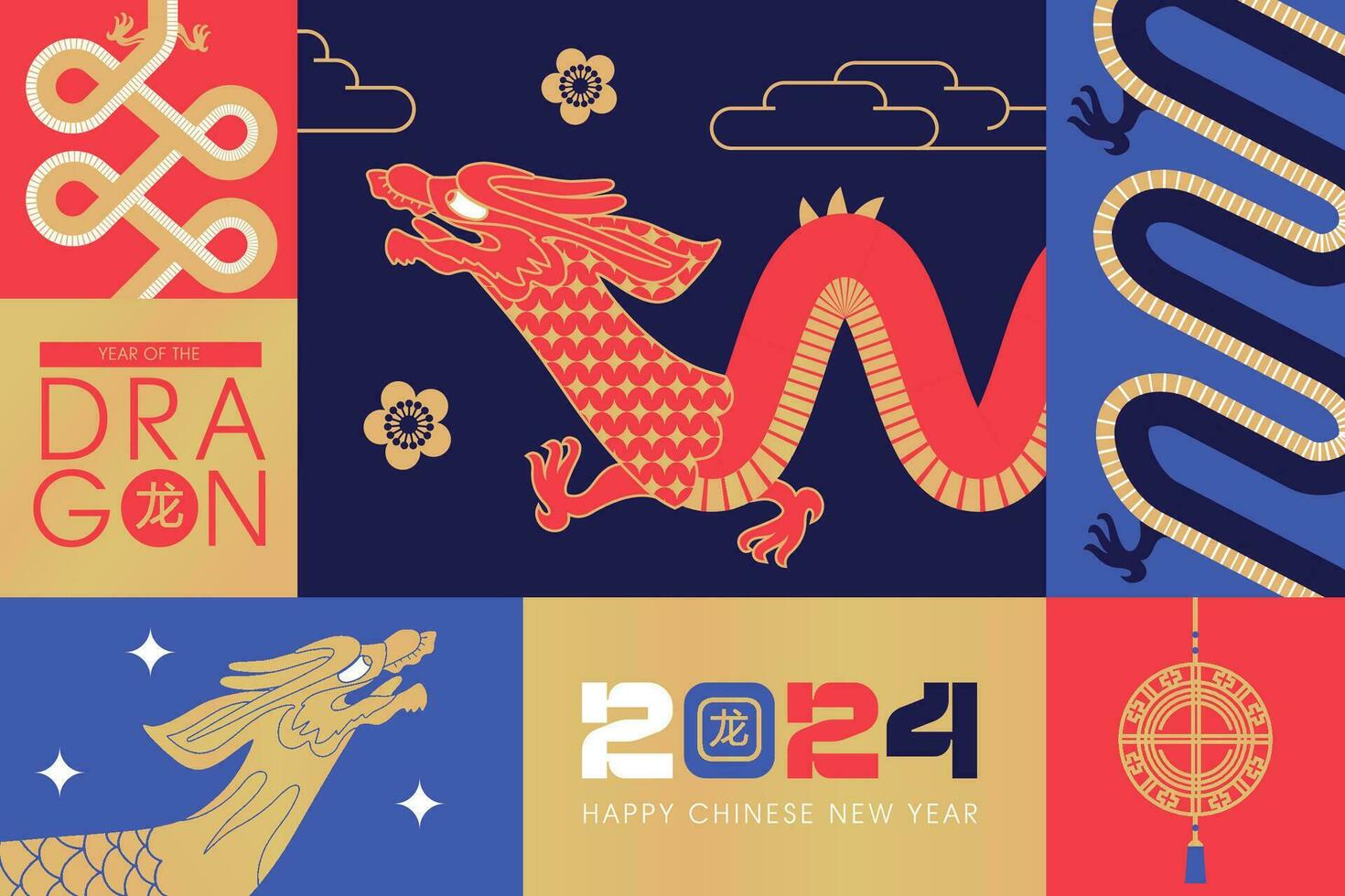 Mosaic geometric banner Template layout for Chinese New Year 2024, Year of the Dragon with zodiac Asian elements. Translate Dragon. Flat vector illustration.