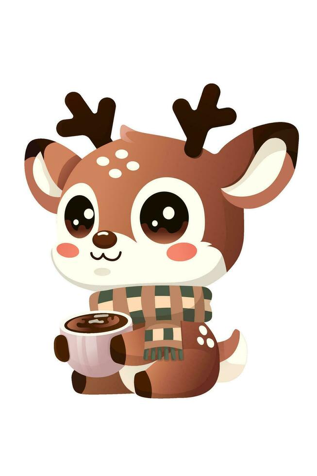 Cute little deer sitting and holding a cup of hot chocolate. Deer in a scarf. Cozy, Christmas atmosphere, cartoon style, sticker vector