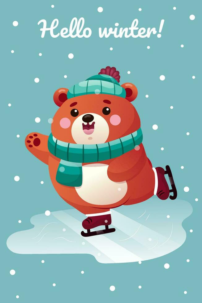 Cute bear character skating. New Year card, winter fairy tale. Bear in cartoon style. postcard, poster, sticker vector