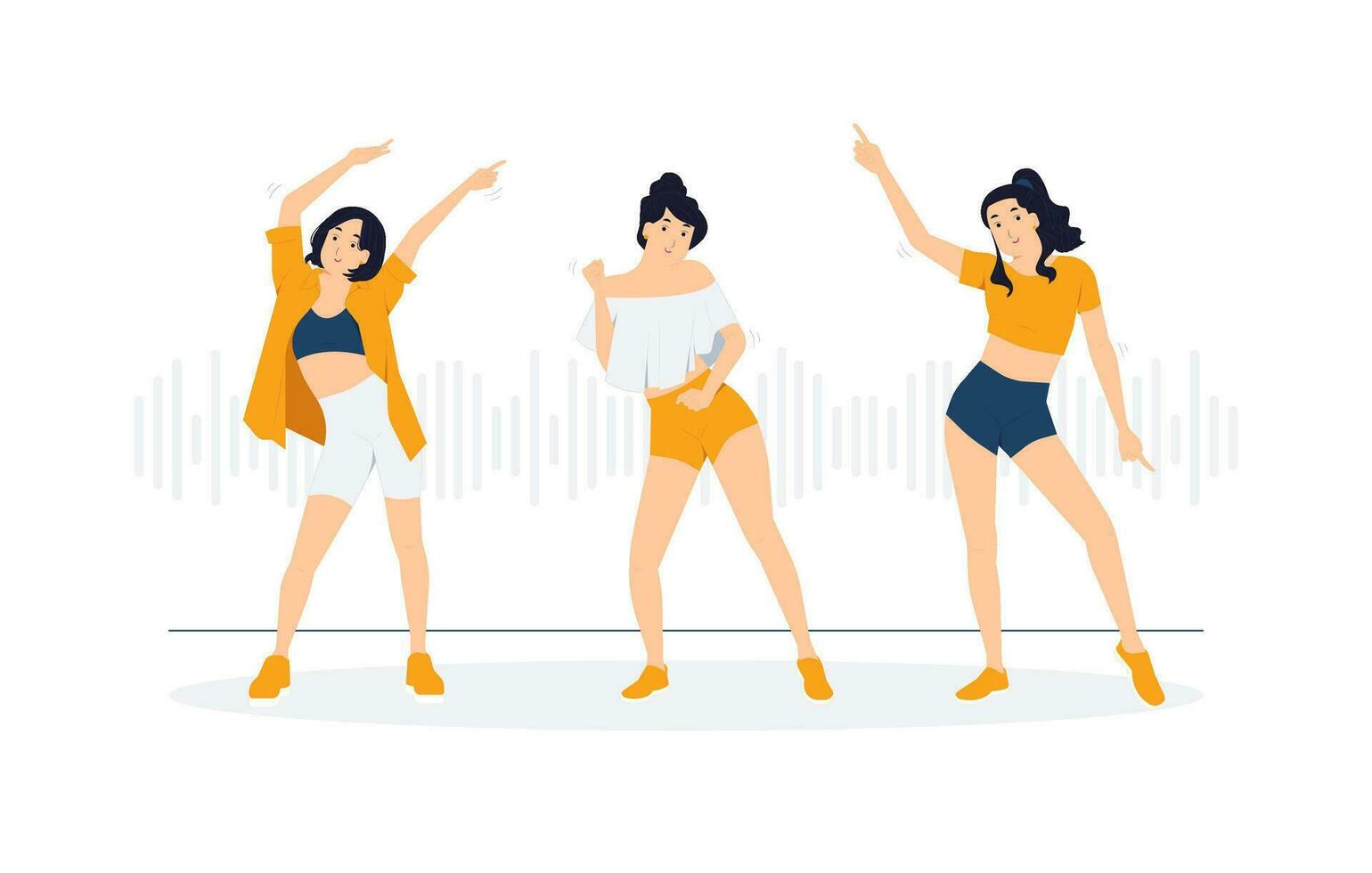 baile, fiesta, disco, descanso bailarín, celebrando. grupo de joven contento bailando personas escuchando a música con auriculares y auriculares. diversidad concepto ilustración vector