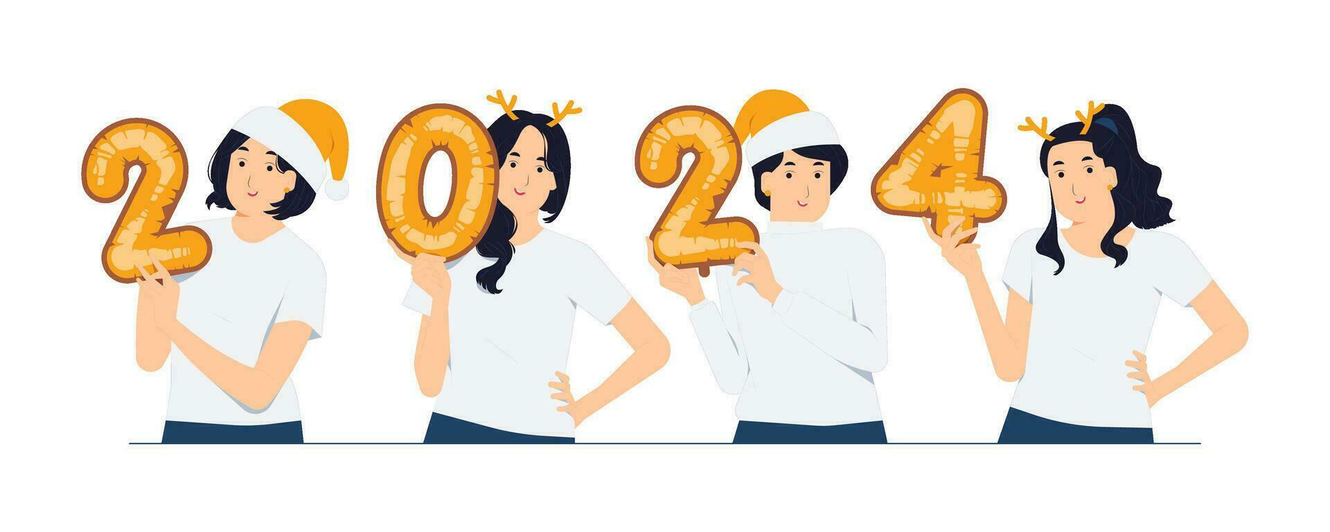 Set group of woman holding balloon number of Happy new year 2024 celebrating winter holiday concept illustration vector