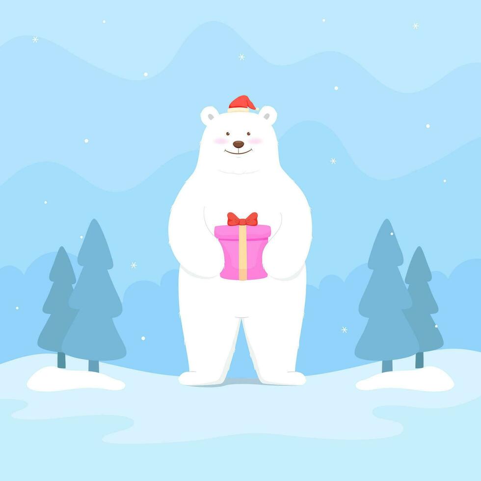 Cute polar bear holding gift box, Merry Christmas and Happy New Year vector