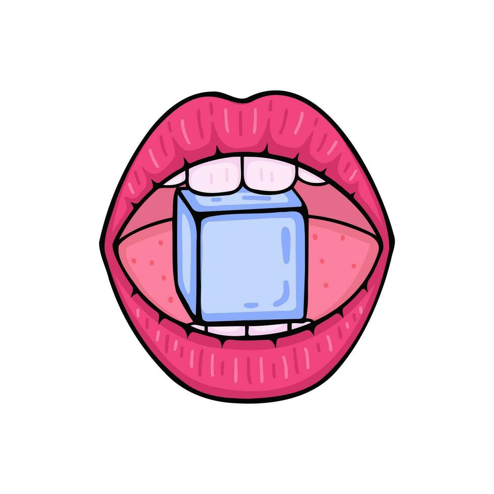 lips with ice cube, woman mouth. Illustration for printing, backgrounds, covers and packaging. Image can be used for greeting cards, posters, stickers and textile. Isolated on white background. vector