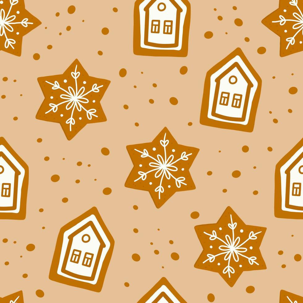 Seamless vector New Year's Eve pattern. Christmas gingerbread houses and snowflake. Vector illustration