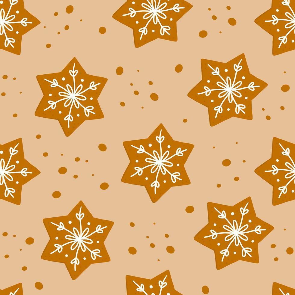 Seamless pattern cookies gingerbread in shape of star and snowflake with sugar glazed in a cartoon style. Homemade dessert. Vector illustration