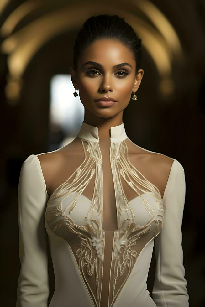 retrato de un hermosa mujer en un elegante de moda Moda vestido. ai generado foto