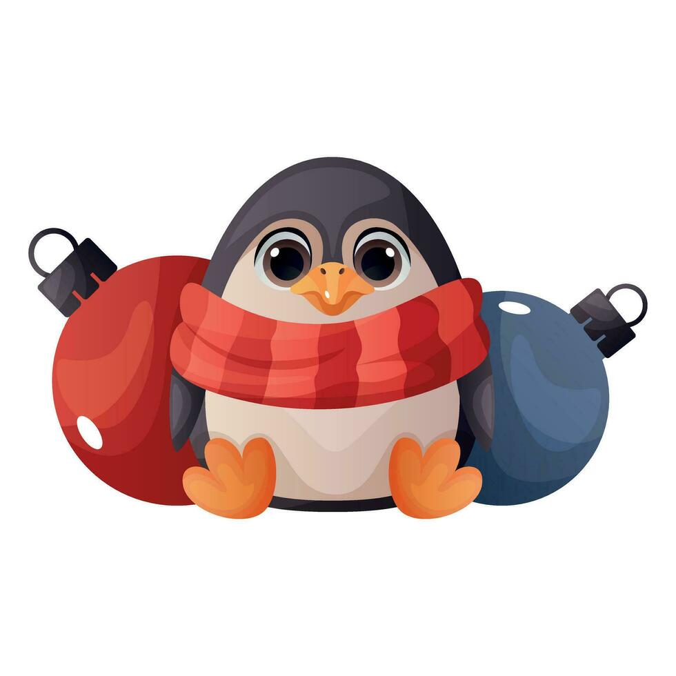 Cute merry christmas penguin sitting with bright balls. Happy penguins mascot celebrating New Year. Bird character for xmas greeting gift tag, card, postcard. Winter is coming, warm wishes vector