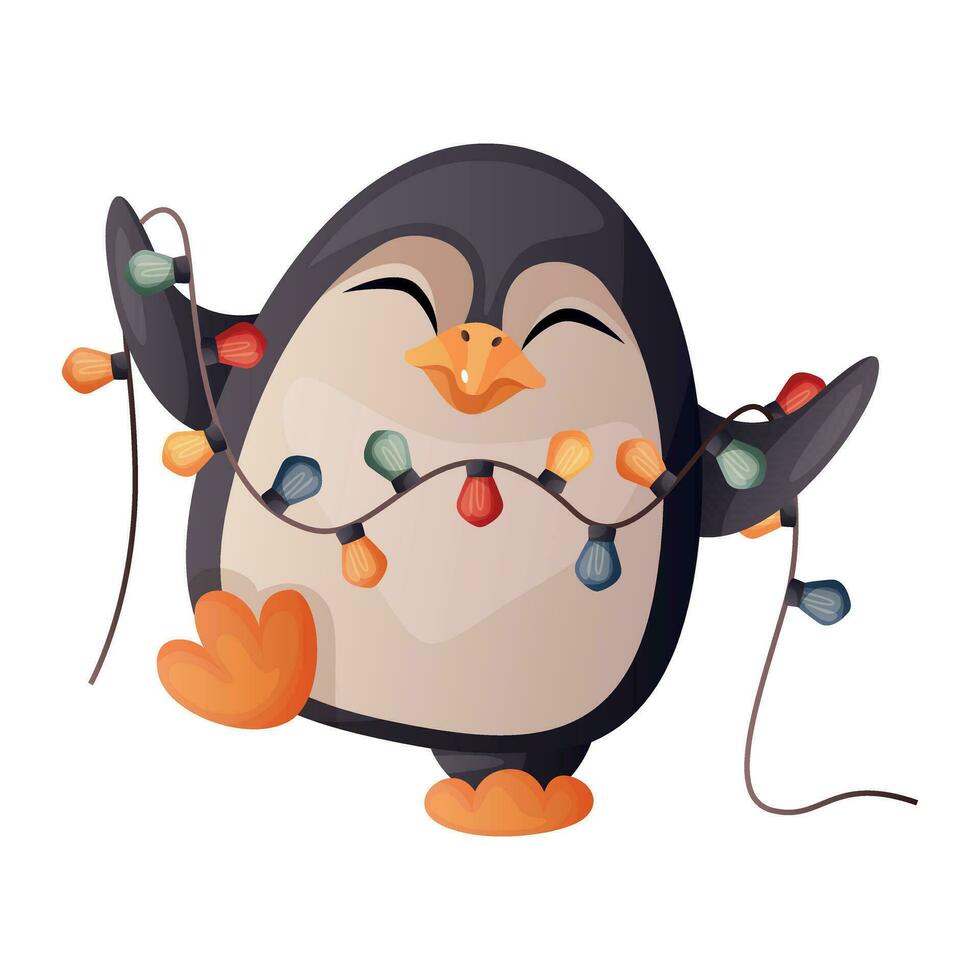 linda alegre Navidad pingüino participación un guirnalda con luces. contento pingüinos mascota celebrando nuevo año. pájaro personaje para Navidad saludo regalo etiqueta, tarjeta, tarjeta postal. invierno es próximo, calentar deseos vector