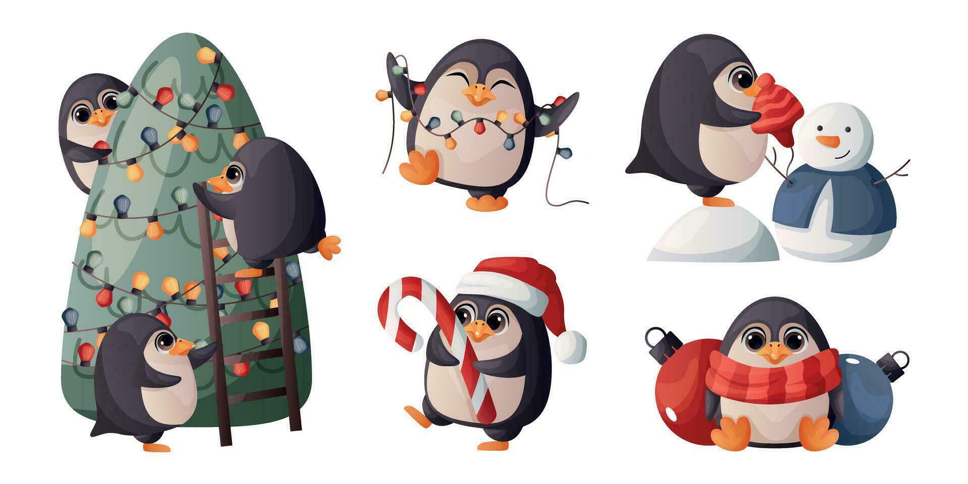 Set of cute merry christmas penguin in different poses. Happy penguins mascot celebrating New Year, decorate xmas tree, garland, candy. Bird character for xmas greeting. Winter is coming, warm wishes vector