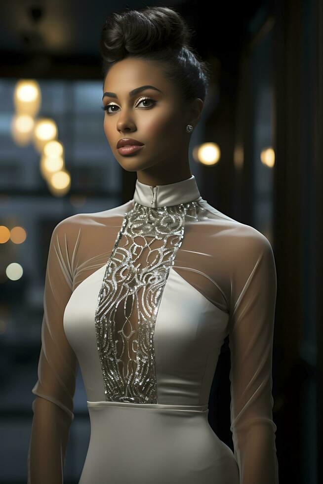 retrato de un hermosa mujer en un elegante de moda Moda vestido. ai generado foto