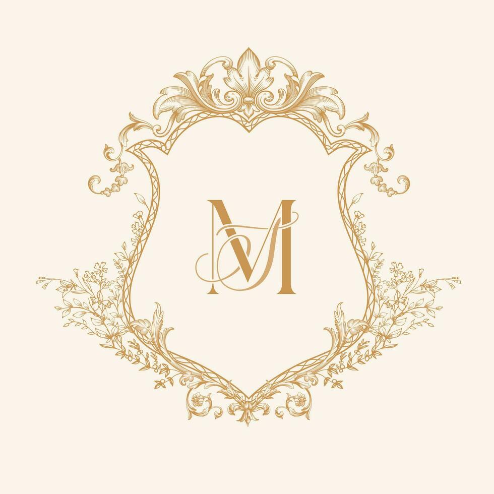 Baroque style and floral wedding crest design. MS, SM initial golden wedding crest vector illustration.