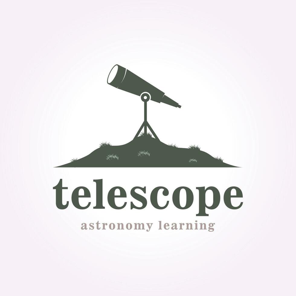 telescope logo on hill, scope design vector vintage astronomy illustration