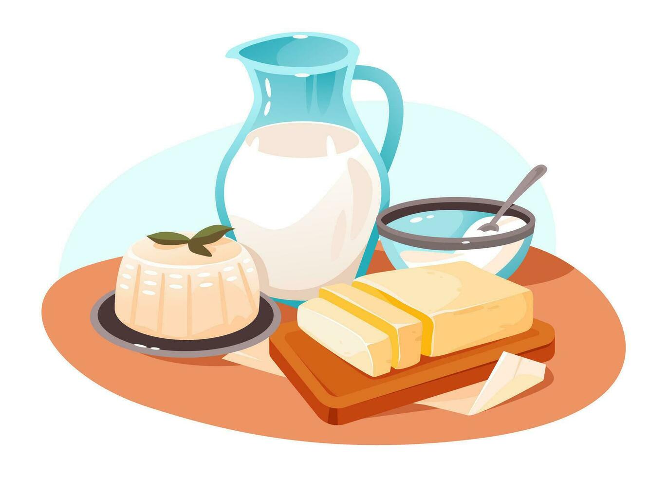 lechería productos colocar. leche, ricotta queso y mantequilla en el cocina mesa. orgánico hecho en casa alimento. dibujos animados vector ilustración