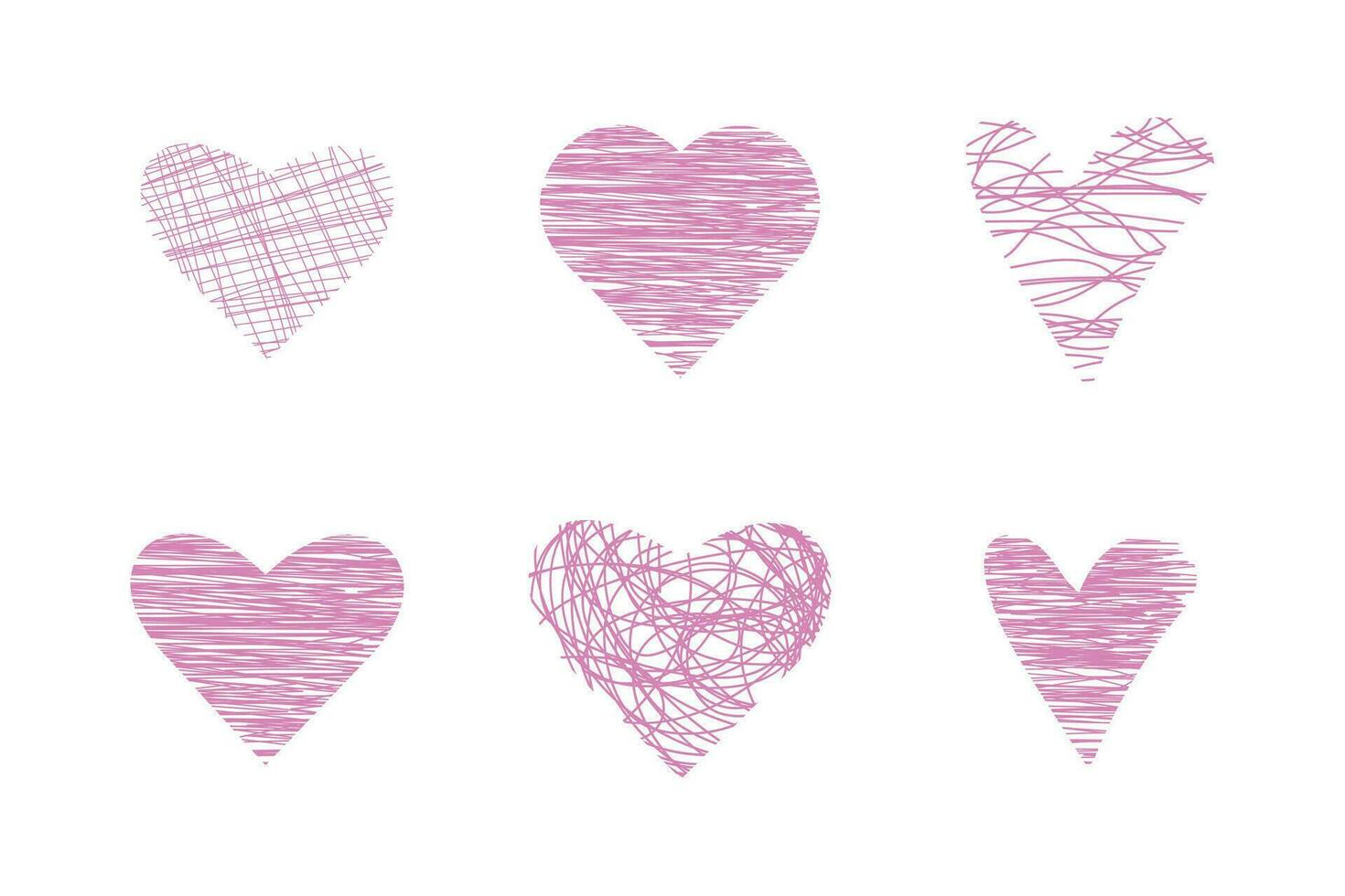 conjunto de seis rosado corazones de diferente formas, pintado dentro con diferente texturas aislado en blanco antecedentes. para decoración, invitaciones, tarjetas, huellas dactilares. vector. vector