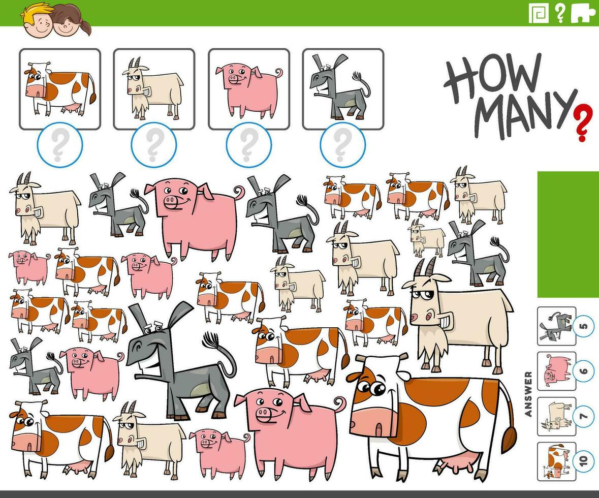 how many counting activity with cartoon farm animals vector