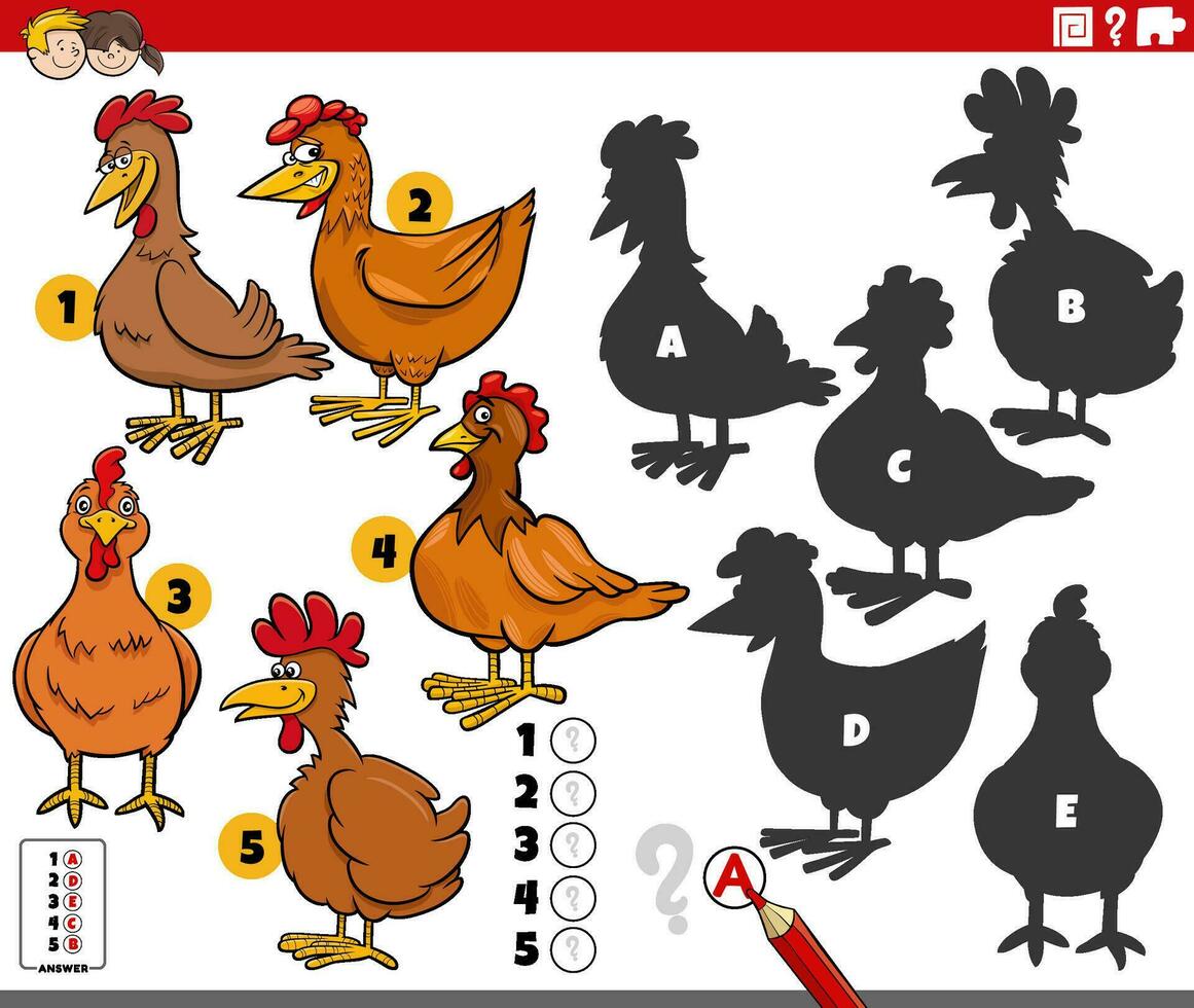 finding shadows game with cartoon chickens animal characters vector