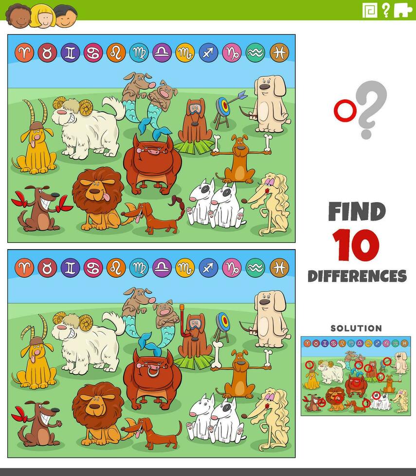 differences games with cartoon zodiac signs with dogs vector