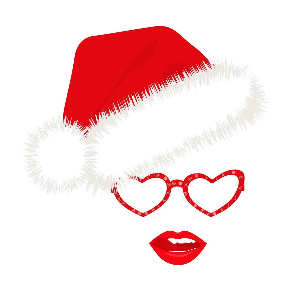 Santa hats, glasses and lips. New Year cliparts. Props for Christmas photo booth. Vector illustration