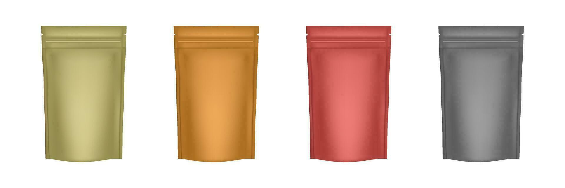 Set of 4 realistic Zip Package. Flexible doy pack. gold, orange, red and black foil bags. Plastic sachet pouch for coffee, candy, shack or nuts. Zipper food bag. Doy pack. vector illustration EPS 10.