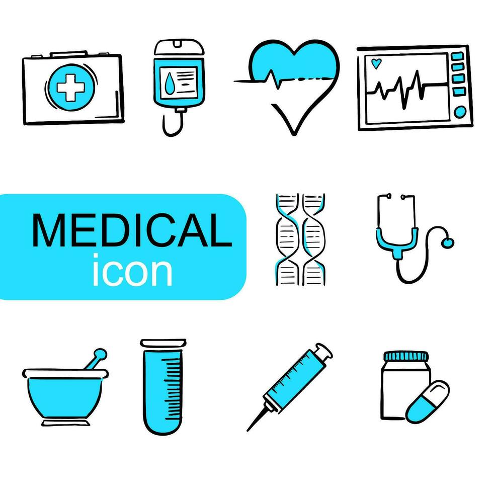 Hand drawn medical icon lines with blue color and white background, in flat design style vector