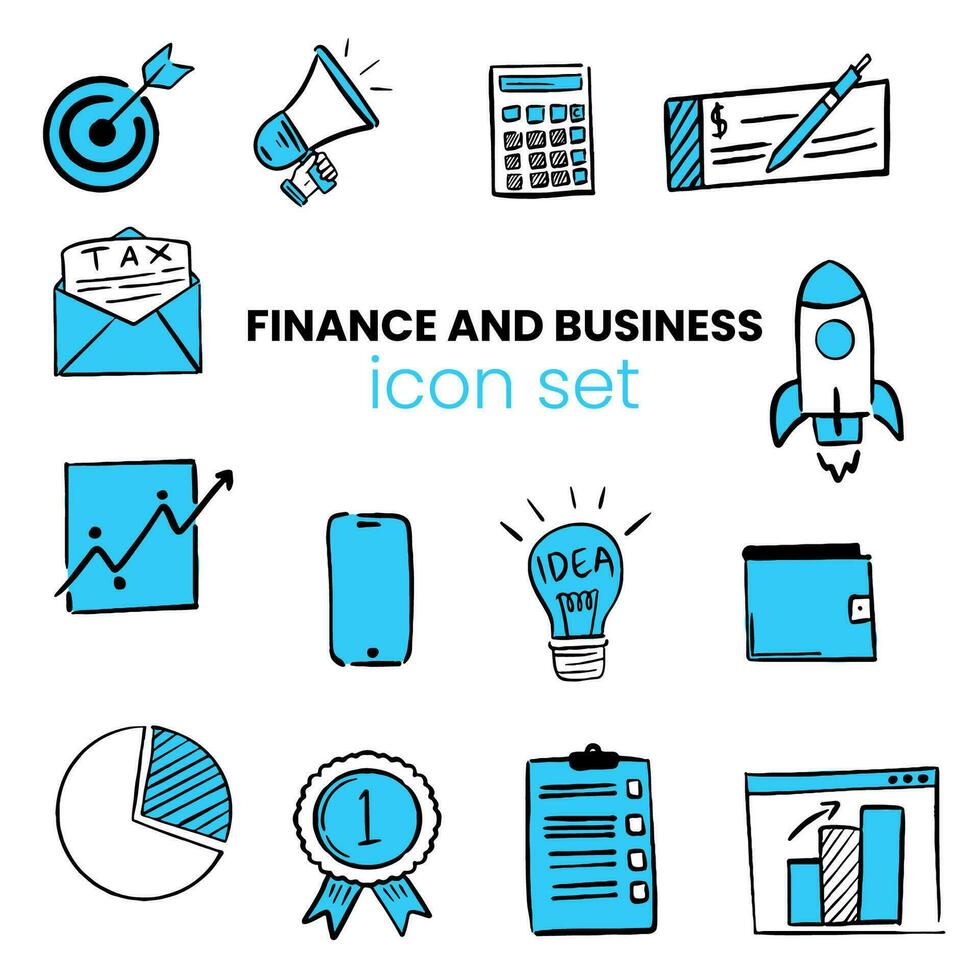 A collection of hand-drawn icons with a business and financial theme, in a flat design style vector