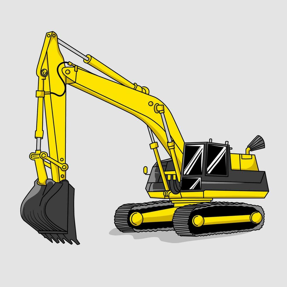 Excavator flat vector illustration, isolated image on a gray background, flat design illustration in yellow and black