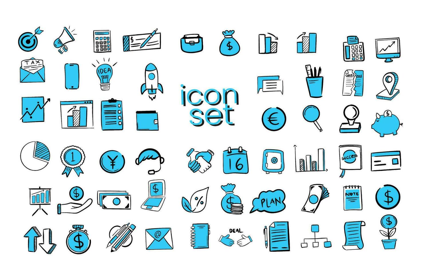 A collection of hand-drawn icons with a business and financial theme, in a flat design style vector