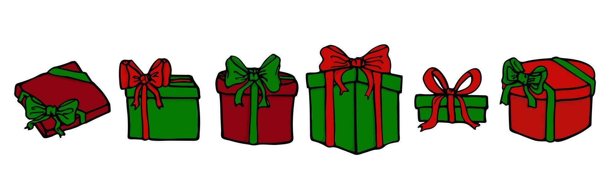 Gifts and presents for holiday and Christmas celebration. Isolated birthday or anniversary box with wrapping paper and ribbon bow. Vector in flat doodle style. Set of different boxes.