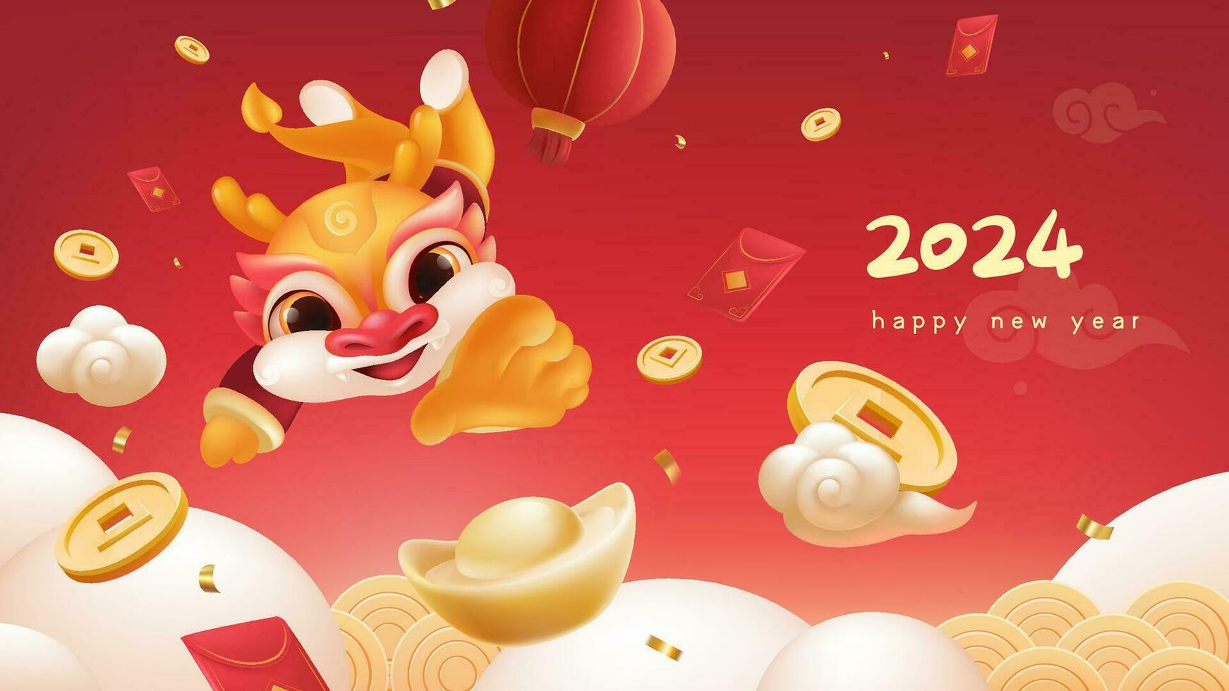 Spring Festival background design cute dragon reach out to grab ingots vector