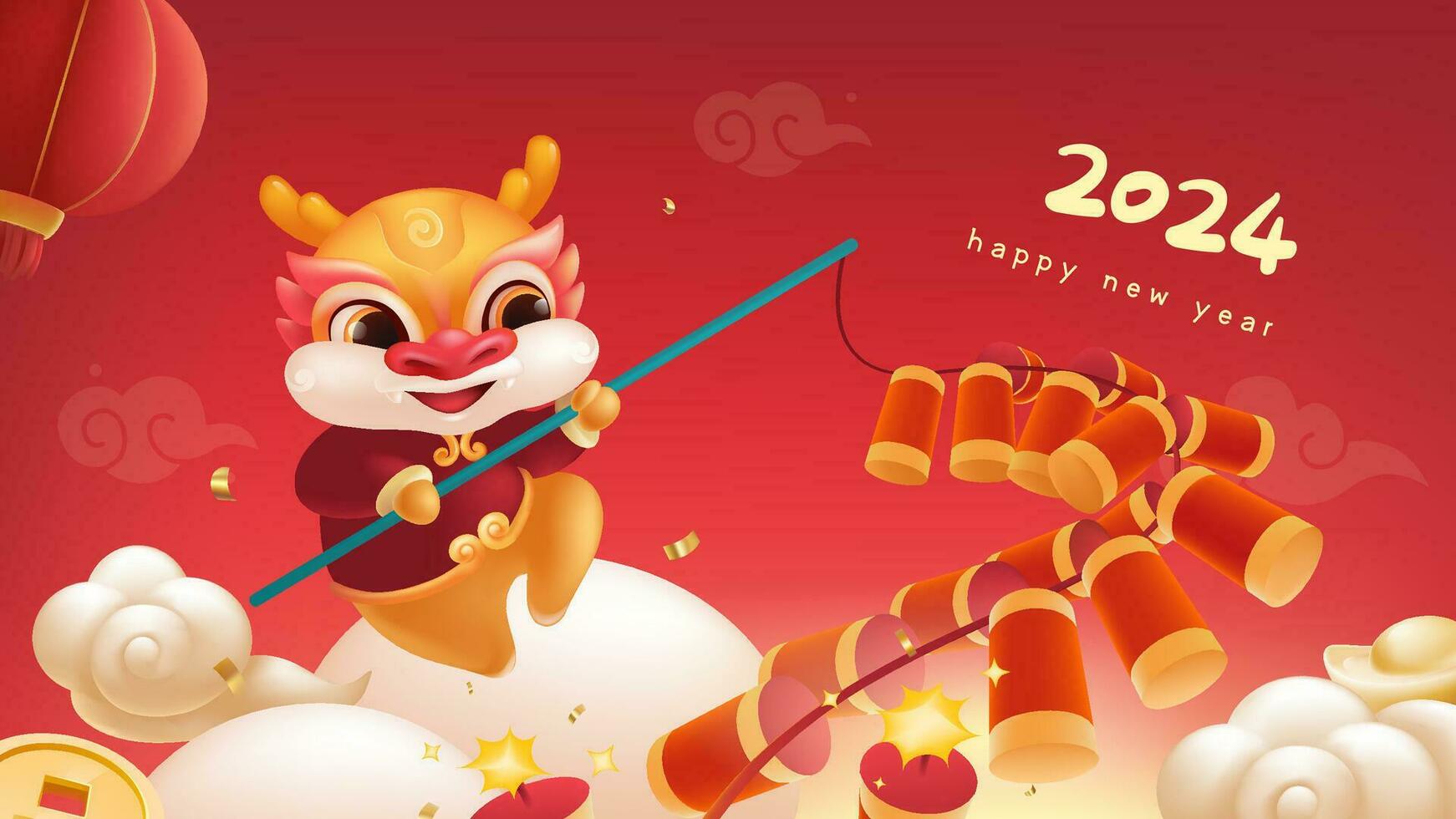 Spring Festival background design a lovely dragon is setting off firecrackers vector
