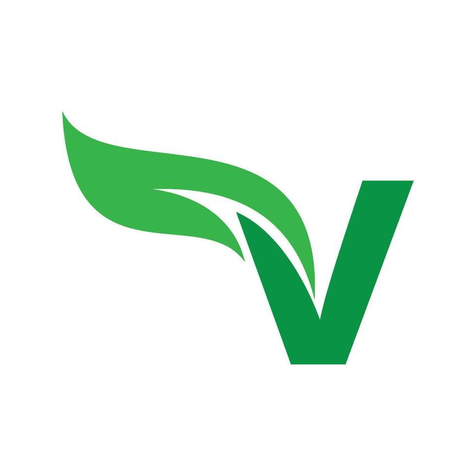 v inicial letra con verde hoja logo vector