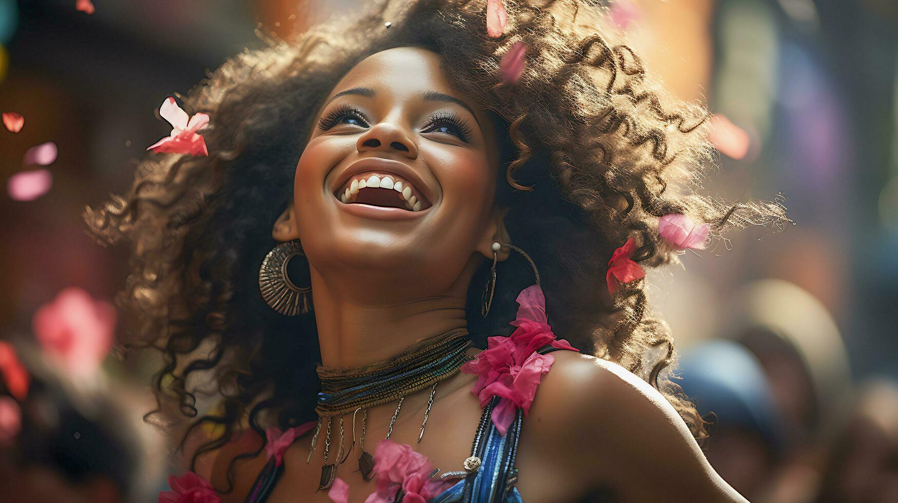 People Enjoying Street Carnival Festival, Friends Laughing Outdoors in Costumes. Notting Hill Carnival Performer. Ai Generated photo