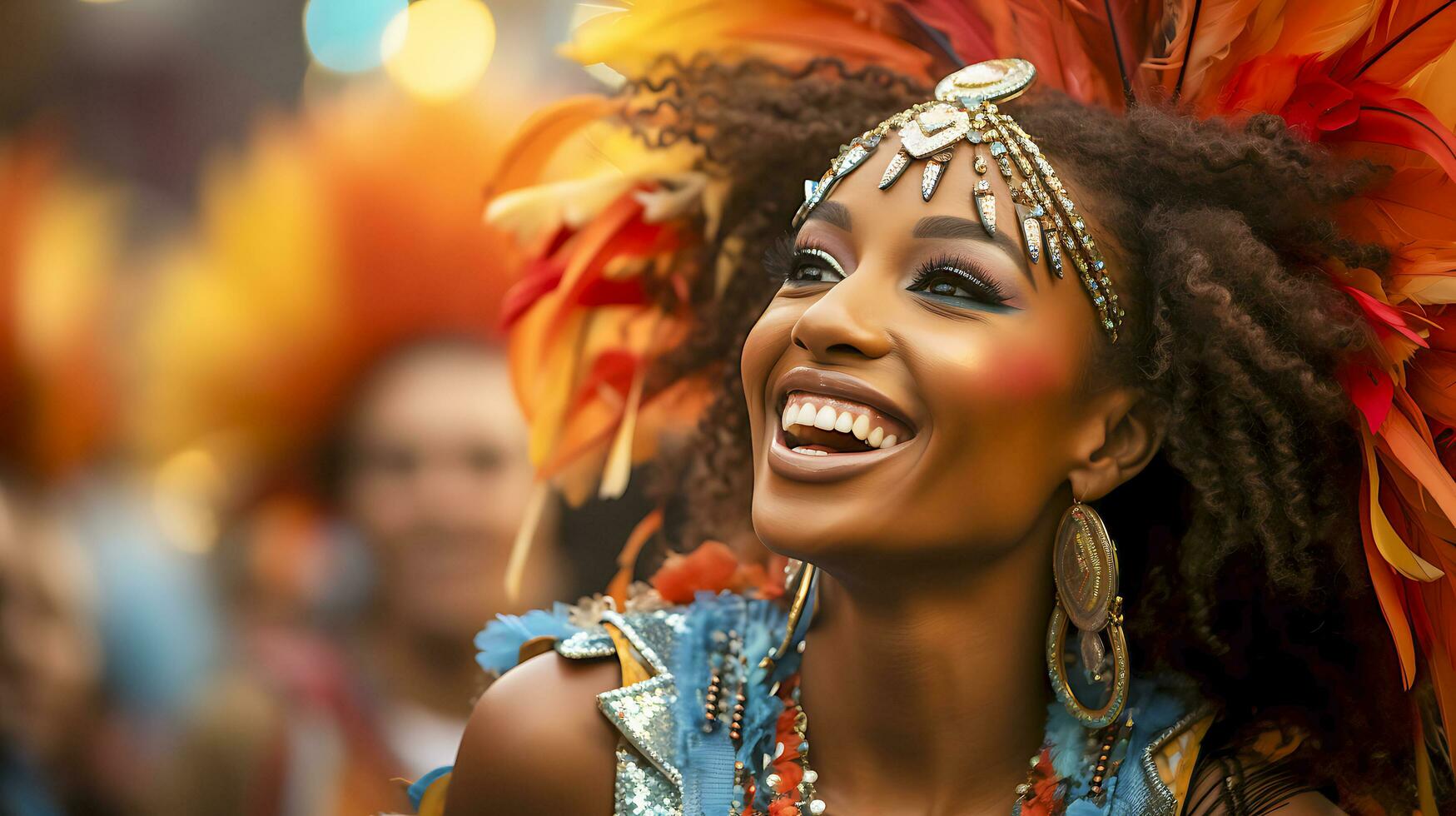 People Enjoying Street Carnival Festival, Friends Laughing Outdoors in Costumes. Notting Hill Carnival Performer. Ai Generated photo